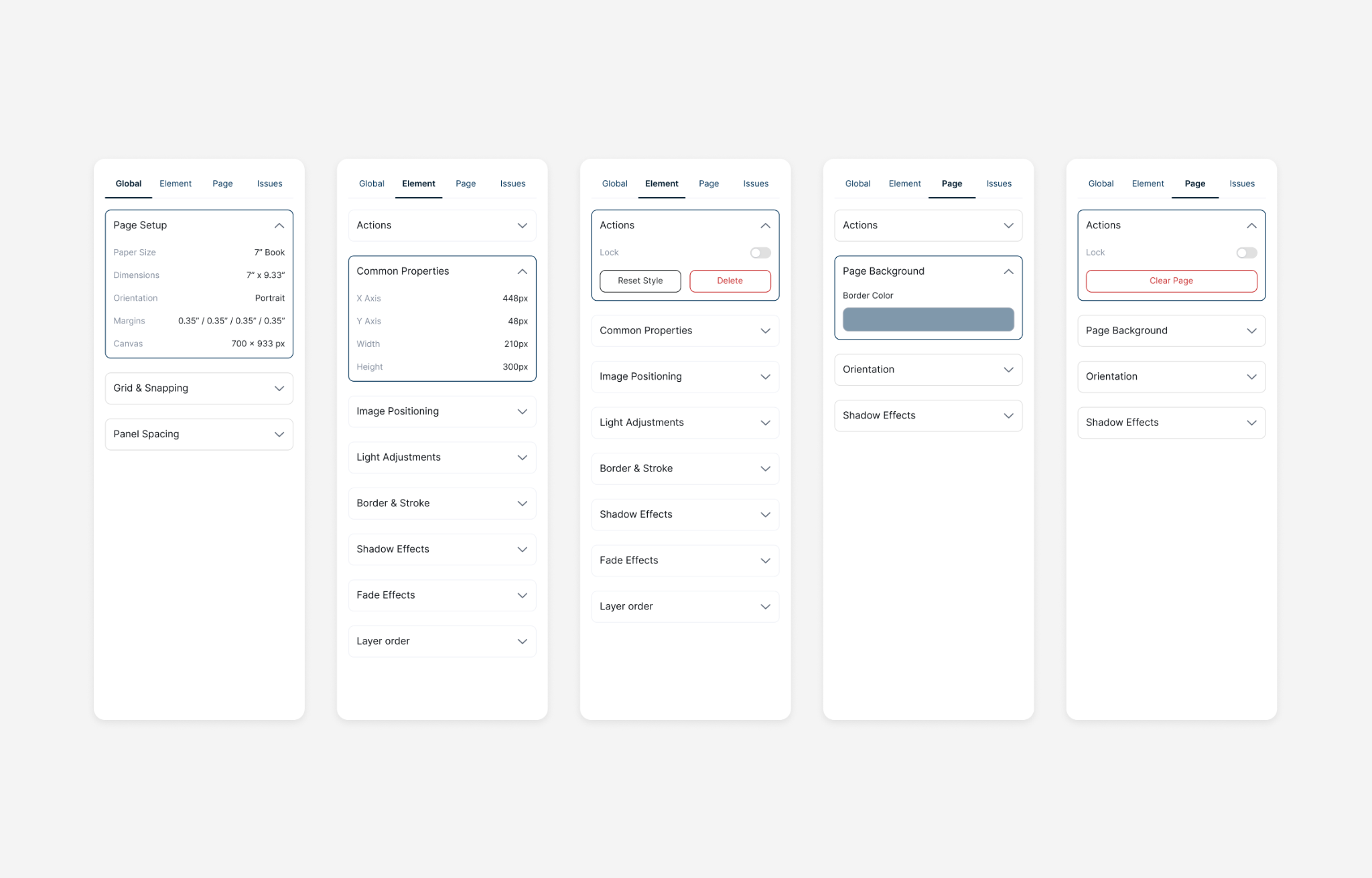 Reusable editor controls for global, element, page and issue settings