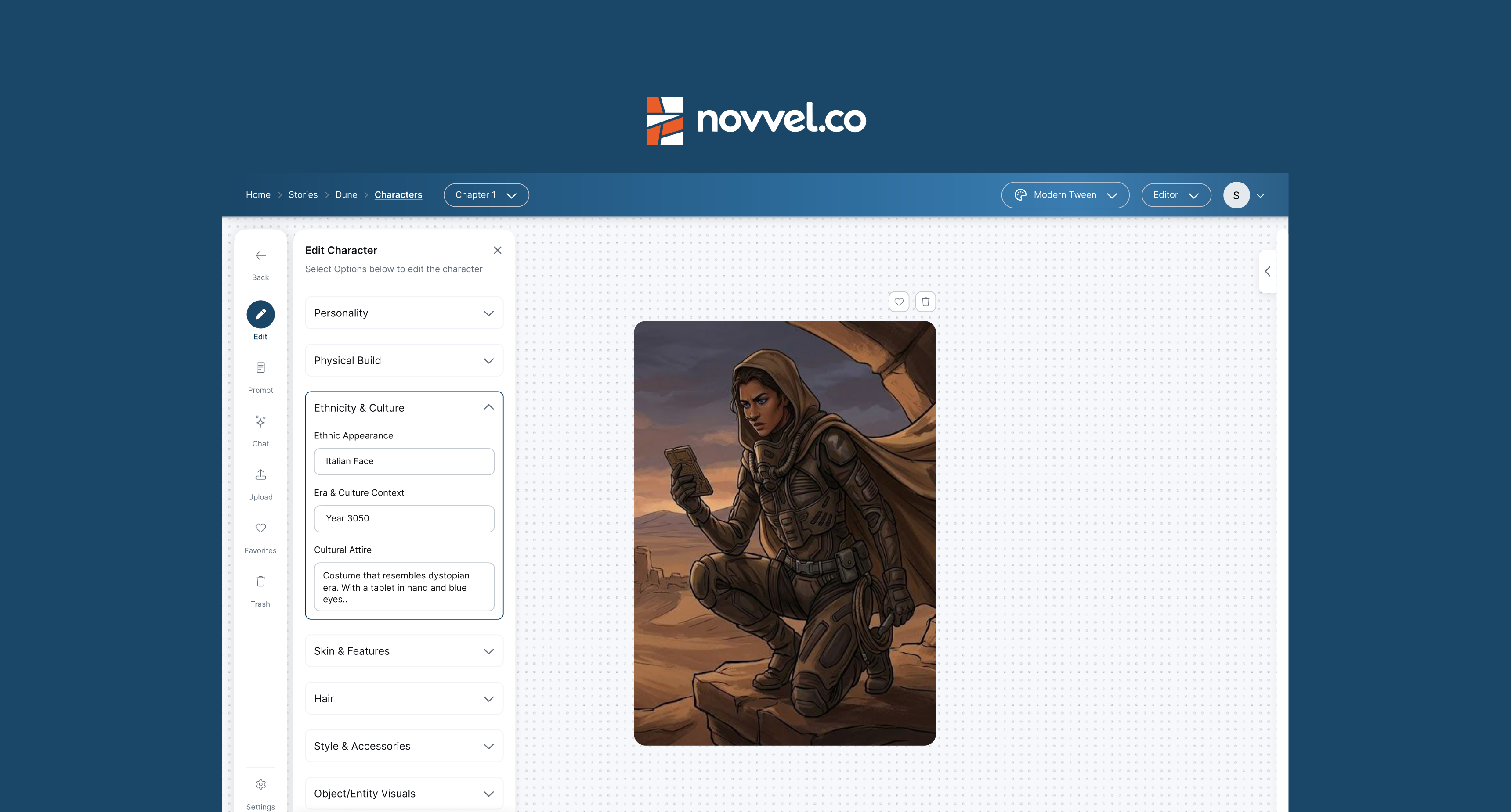 Novvel character editor interface and illustrated character