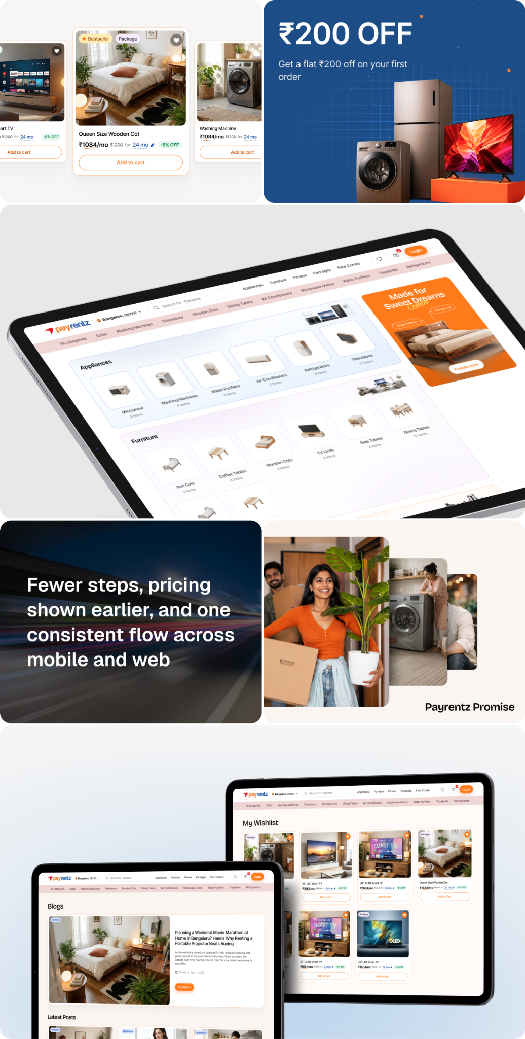 PayRentz product cards, promotional banner and final website mockups